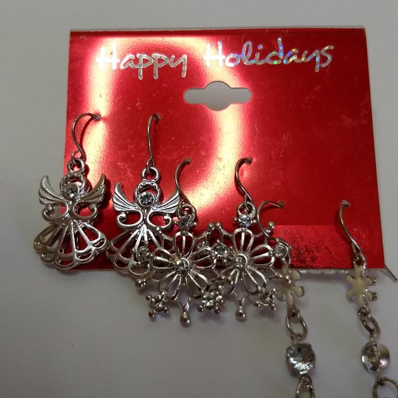 Happy Holidays Snowflake Elastic Ring Earring Lot Angel Snowflake Holiday - Picture 6 of 11